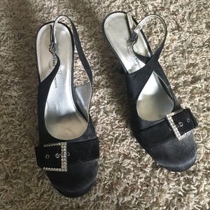 Satin round toe sling backs w/rhinestone buckle